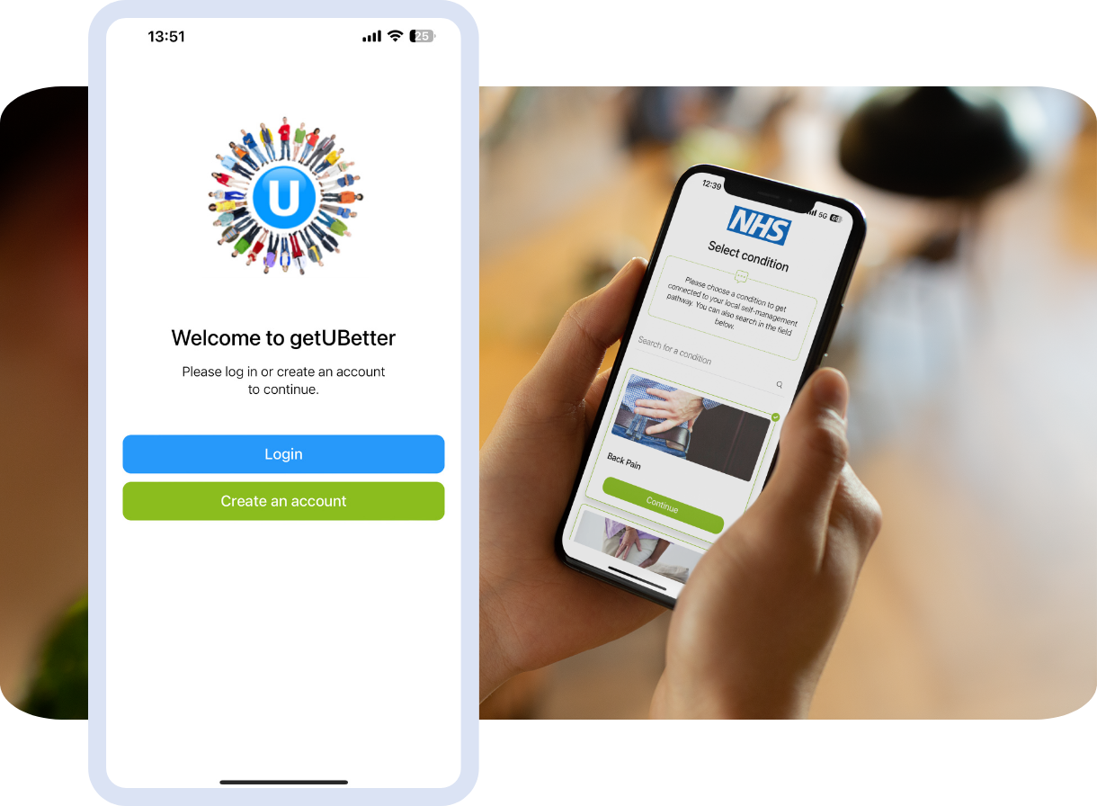 Graphic of person holding a device with the getUBetter app open